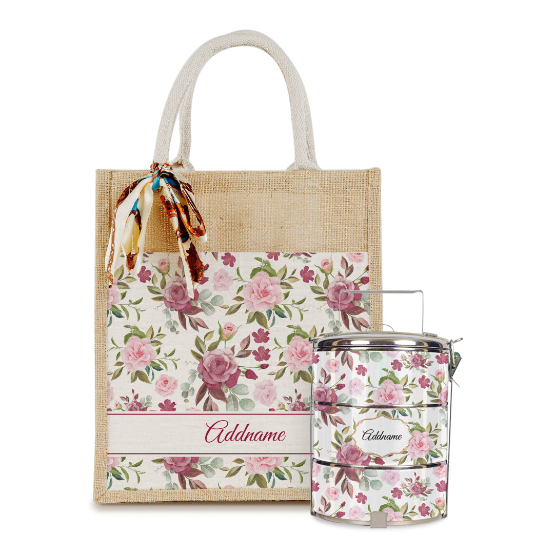 Laura Series - Ruby Colorful Jute Bag with Tiffin Carrier Set