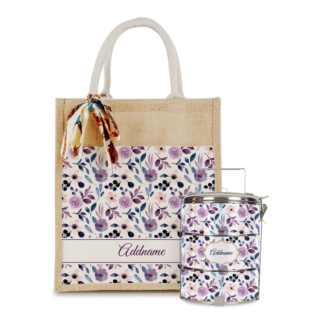 Laura Series - Violet Colorful Jute Bag with Front Pocket with Tiffin Carrier Set