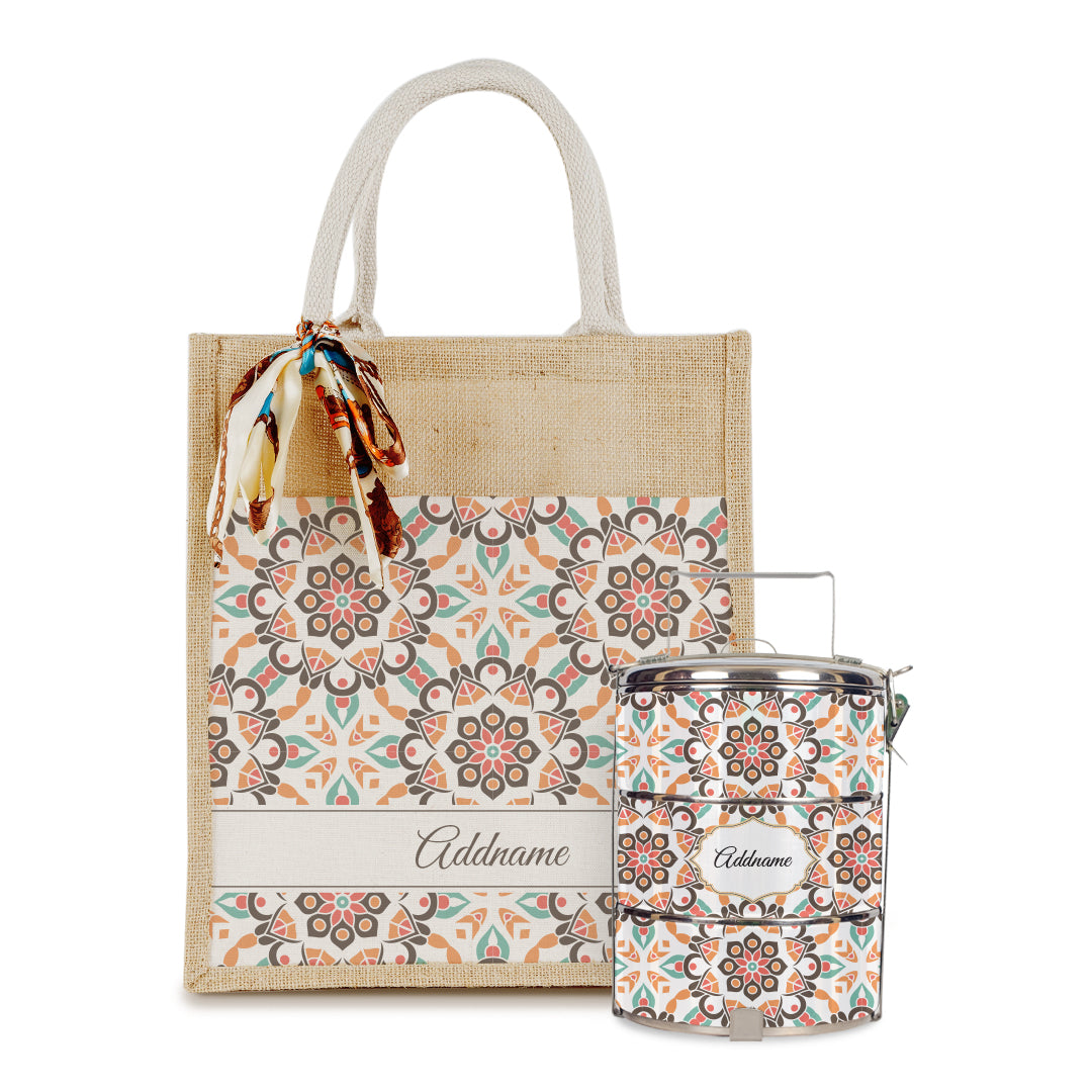Arabesque Geo Brown Colourful Jute Bag with Tiffin Carrier Set