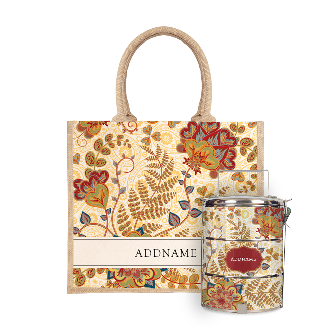 Batik Series - Mawar Tiffin Carrier with Half Lining Jute Bag