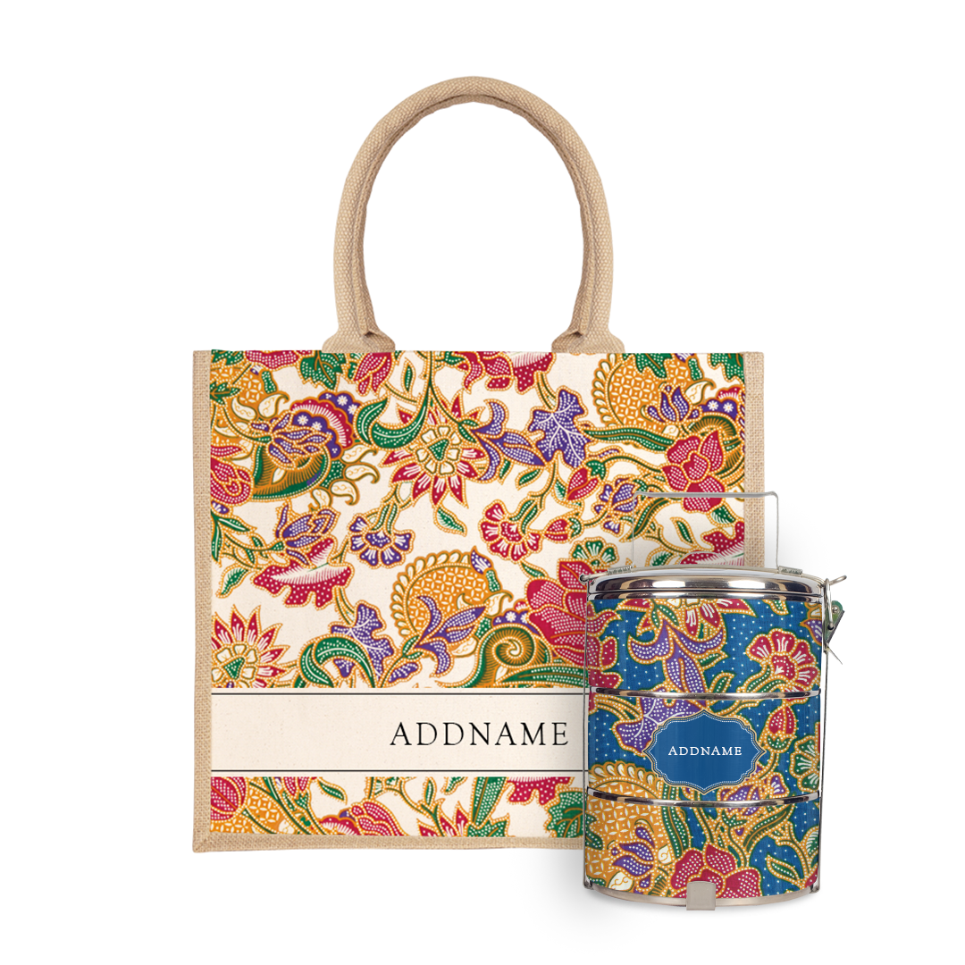 Batik Series - Kuntum Tiffin Carrier with Half Lining Jute Bag