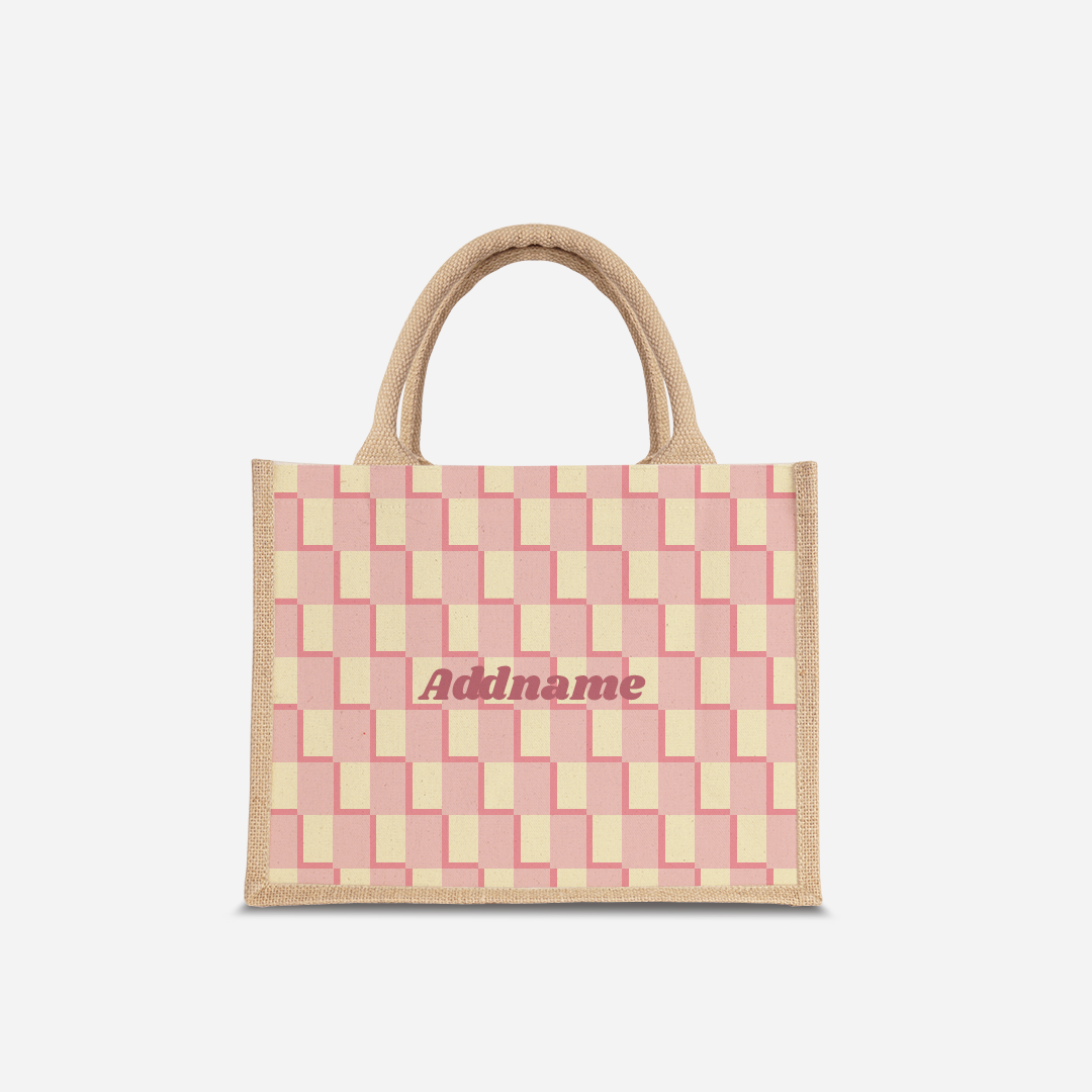 Checkered Series Half Lining Small Jute Bag - Pink Natural