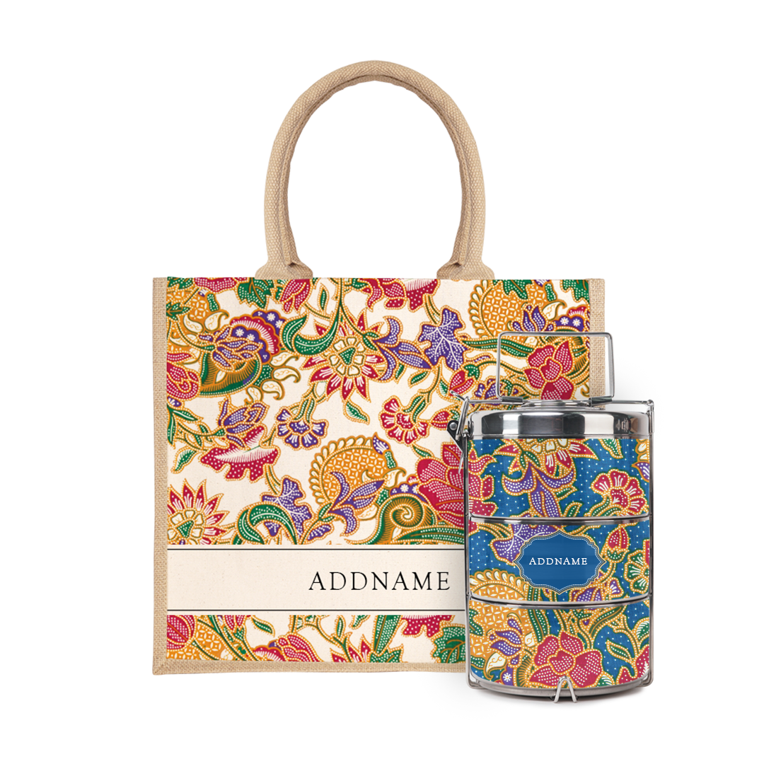 Batik Series - Kuntum Tiffin Carrier with Half Lining Jute Bag