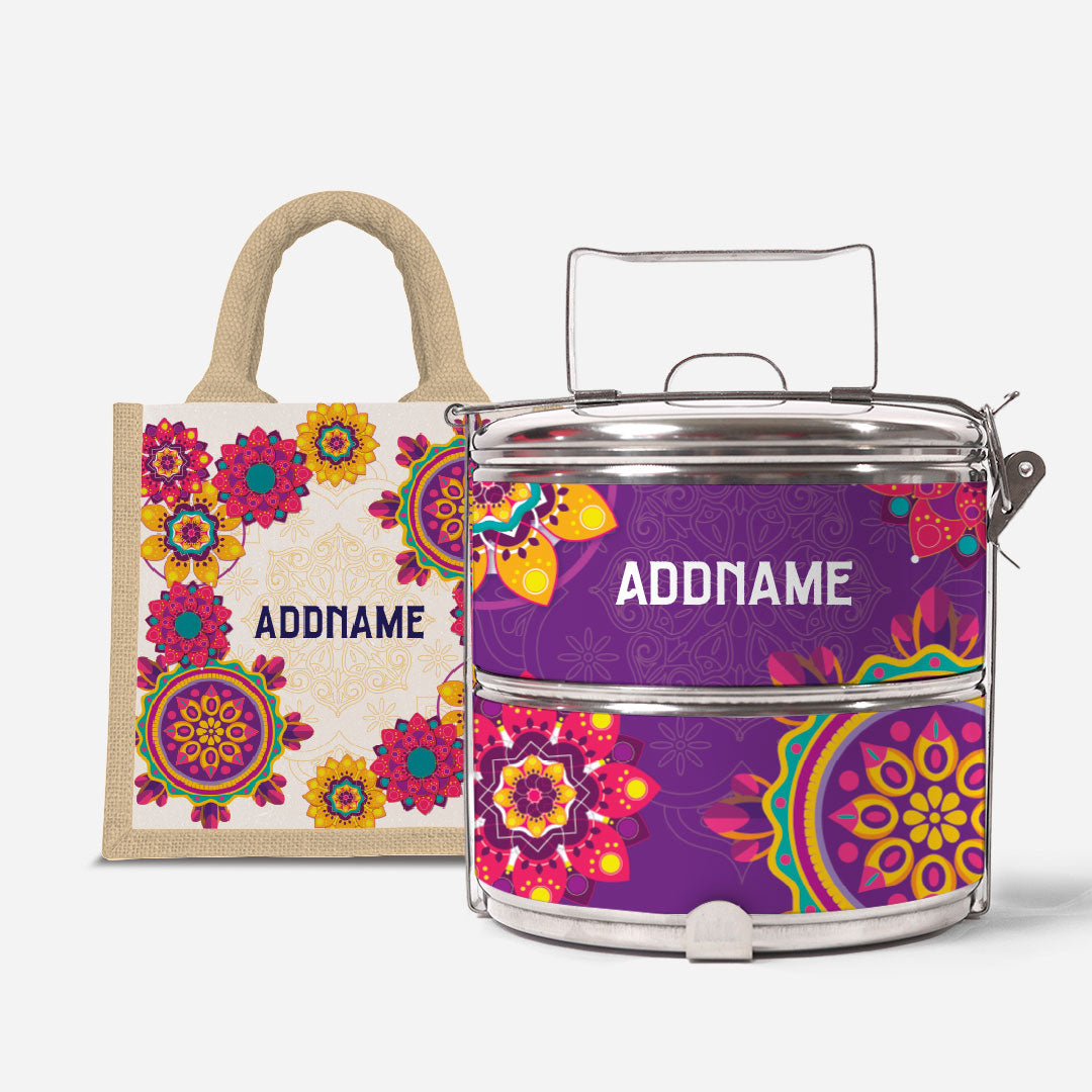 Pookal Series Standard Two Tier Tiffin with Half Lining Lunch Bag - Puukom Natural