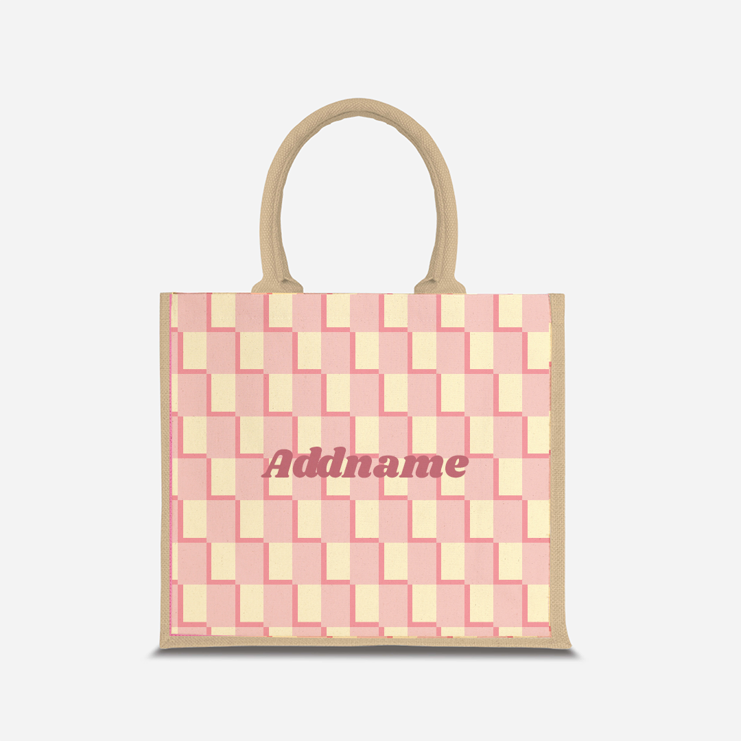 Checkered Series Half Lining Jute Bag - Pink Natural