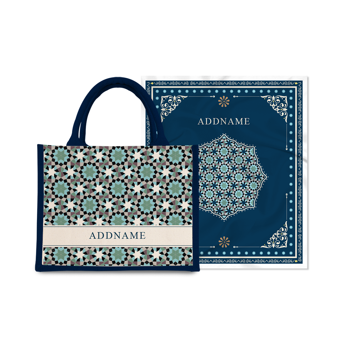 Ornamental Series - Prussian Blue Prayer Mat with Navy Half Lining Small Canvas Bag