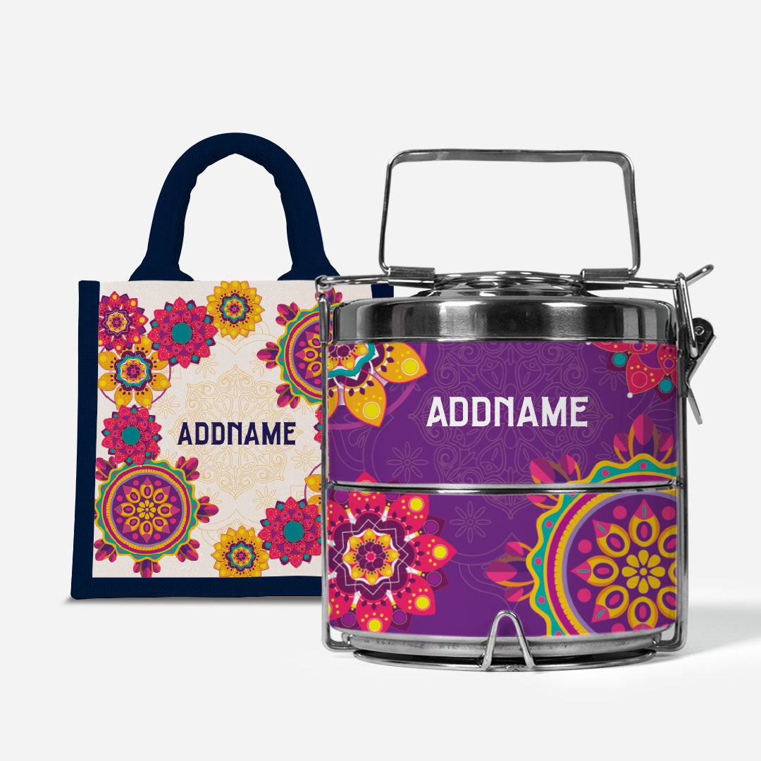 Pookal Series Premium Two Tier Tiffin with Half Lining Lunch Bag - Puukom Navy