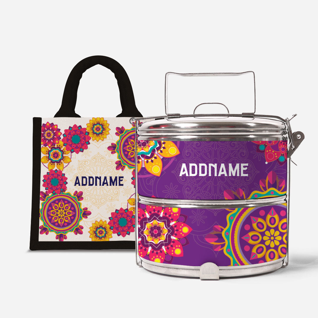 Pookal Series Standard Two Tier Tiffin with Half Lining Lunch Bag - Puukom Navy