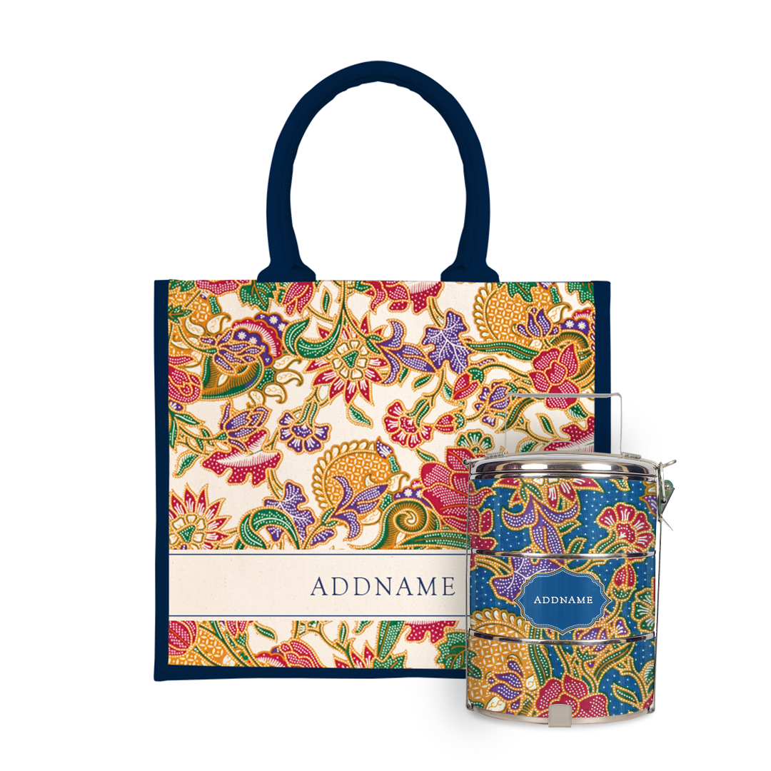 Batik Series - Kuntum Tiffin Carrier with Half Lining Jute Bag