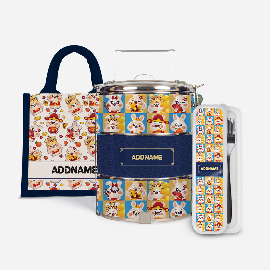 Cny Rabbit Family - Navy Standard Tiffin with Half Lining Lunch Bag and Cutlery With English Personalization