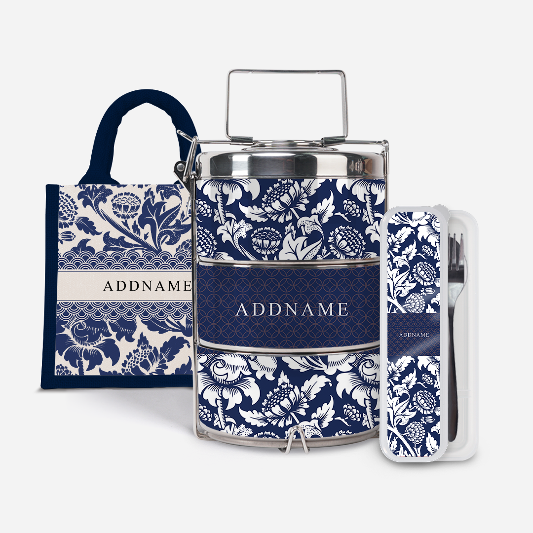 Limitless Opportunity Series - Blue Two Tier Standard Tiffin With Half Lining Lunch Bag  And Cutlery With English Personalization