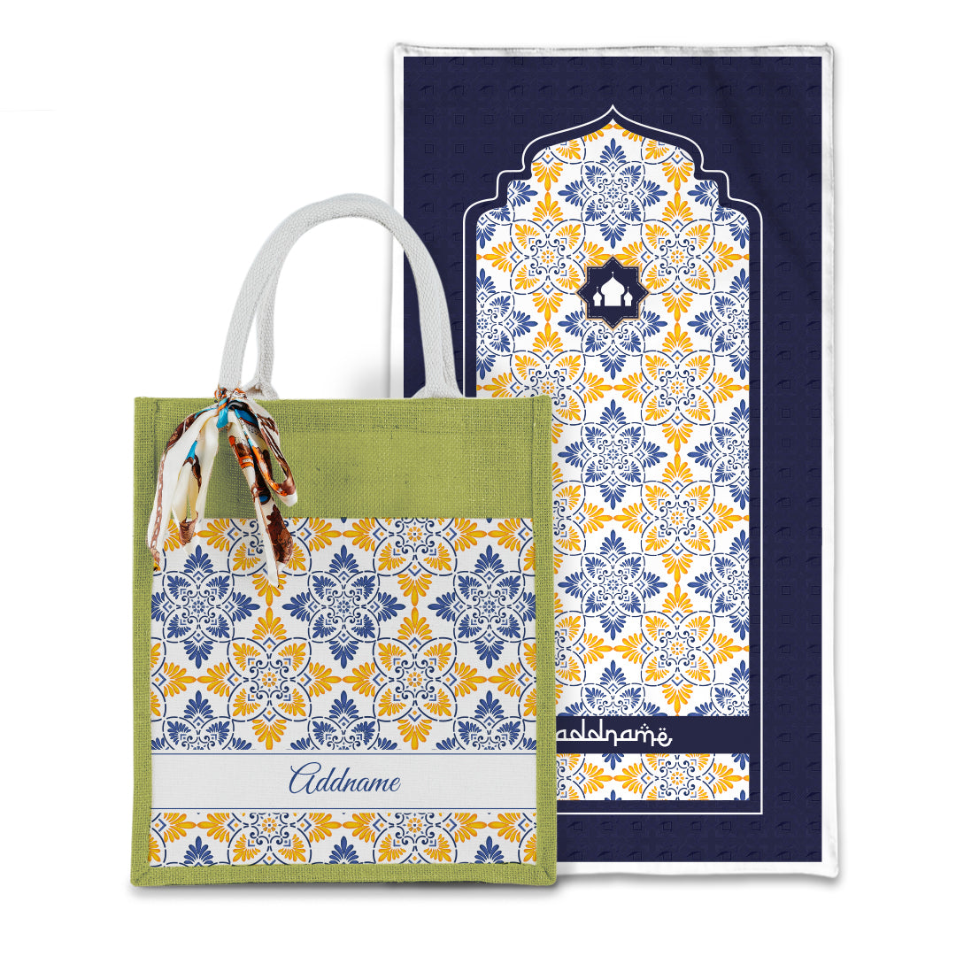Arabesque Butter Blue Sejadah with Matching Colourful Jute Bag