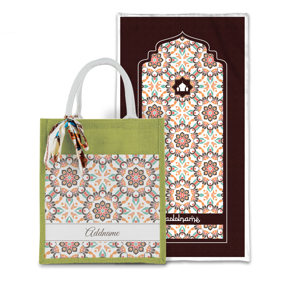 Arabesque Geo Brown Sejadah with Matching Colourful Jute Bag