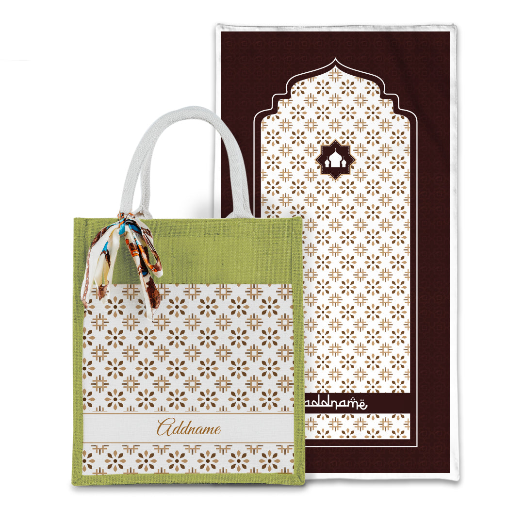 Arabesque Tawny Brown Sejadah with Matching Colourful Jute Bag