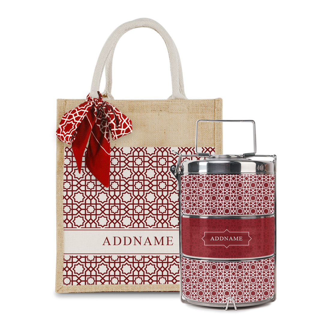 Annas Series - Rouge Colorful Jute Bag with Front Pocket with Tiffin Carrier Set