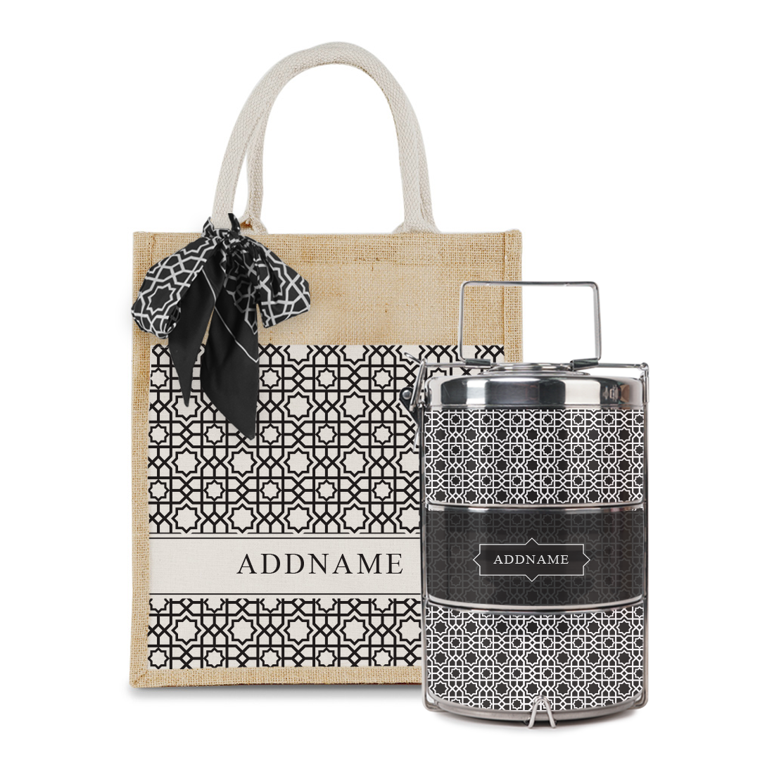 Annas Series - Black Colorful Jute Bag with Front Pocket with Tiffin Carrier Set