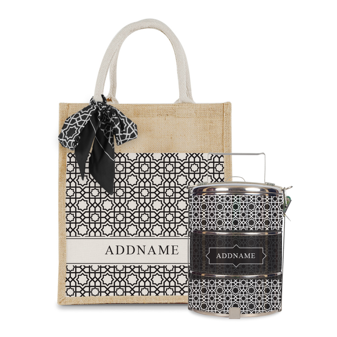 Annas Series - Black Colorful Jute Bag with Front Pocket with Tiffin Carrier Set