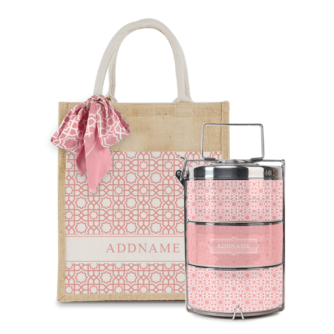 Annas Series - Pastel Peach Colorful Jute Bag with Front Pocket with Tiffin Carrier Set