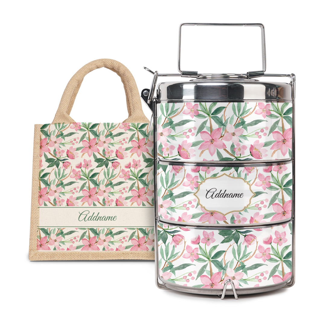Laura Series - Blossom  - Lunch Tote Bag with Three-Tier Tiffin Carrier