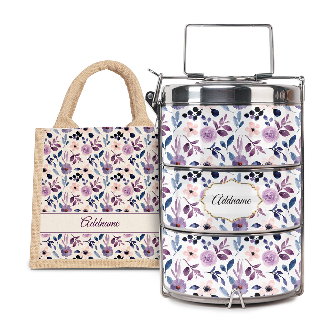 Laura Series - Violet - Lunch Tote Bag with Three-Tier Tiffin Carrier