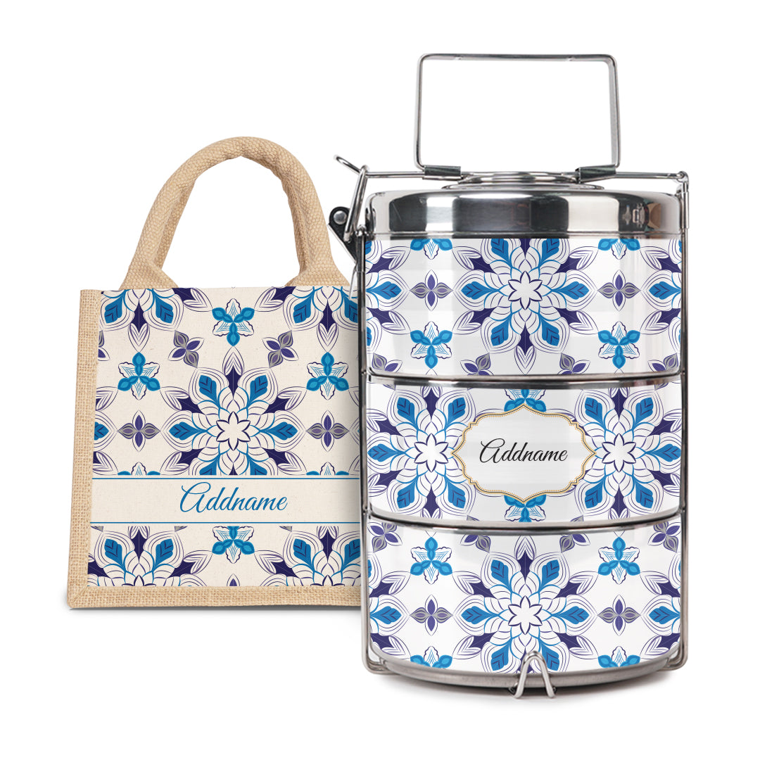 Moroccan Series - Arabesque Frost - Lunch Tote Bag with Three-Tier Tiffin Carrier