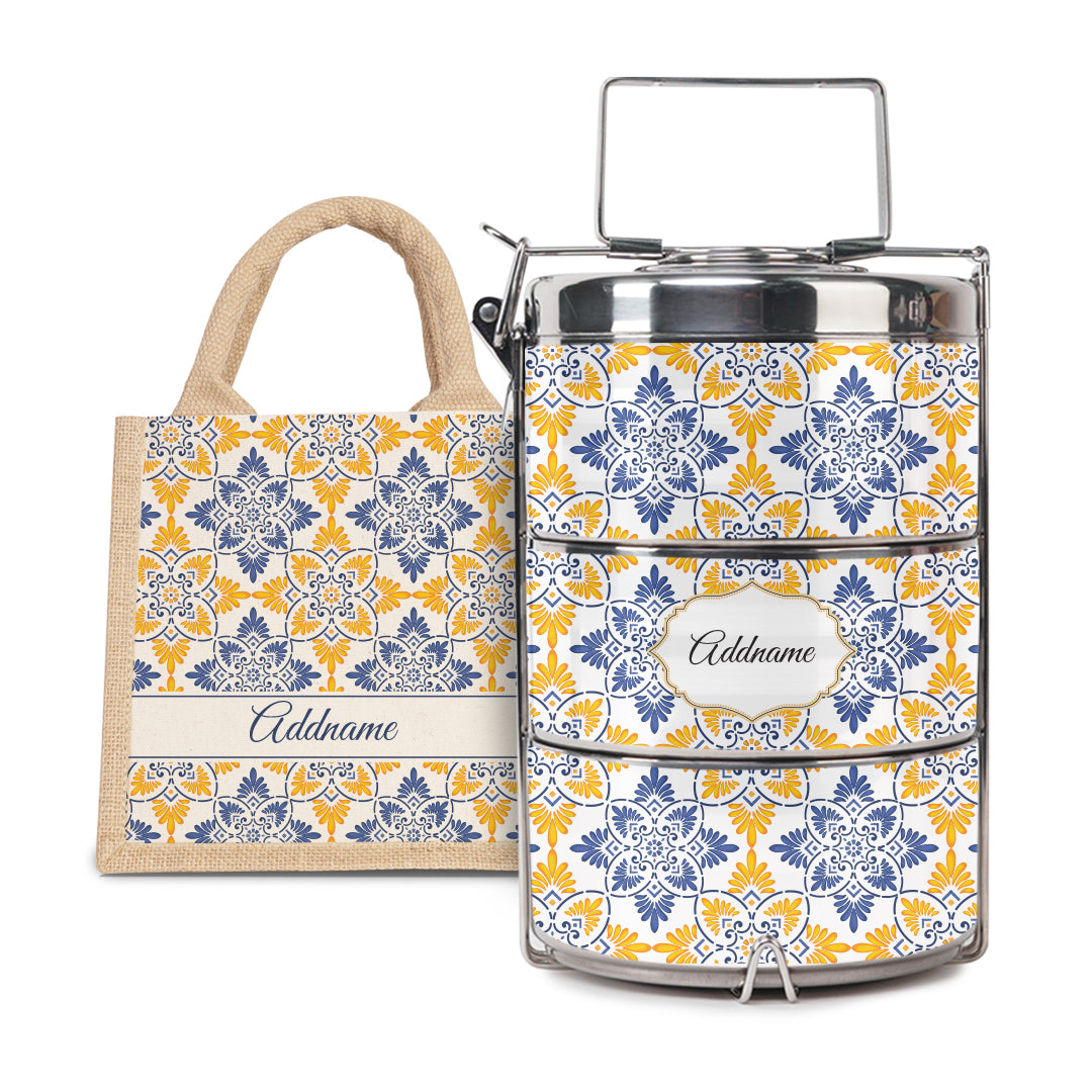 Moroccan Series - Arabesque Butter Blue  - Lunch Tote Bag with Three-Tier Tiffin Carrier