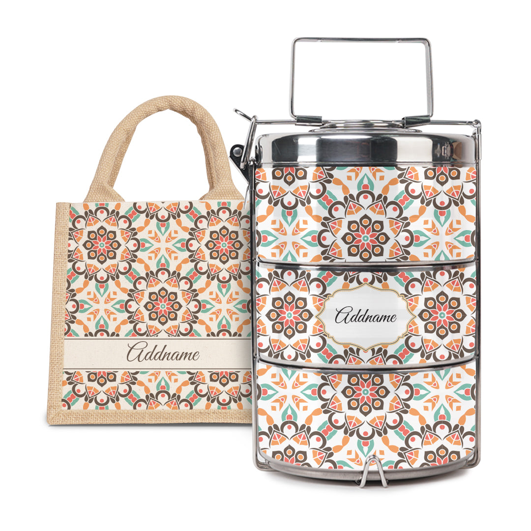 Moroccan Series - Arabesque Geo Brown - Lunch Tote Bag with Three-Tier Tiffin Carrier