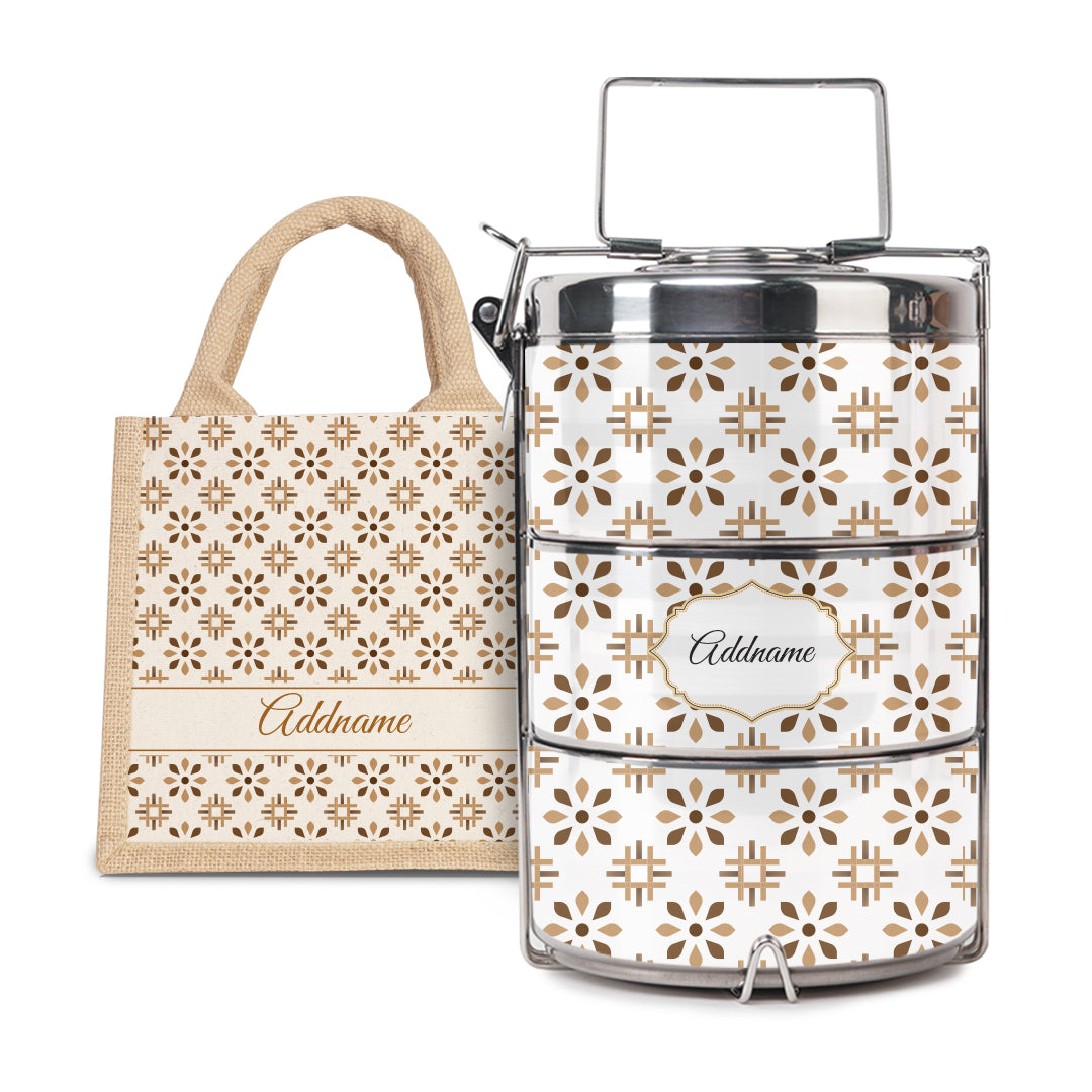 Moroccan Series - Arabesque Tawny Brown - Lunch Tote Bag with Three-Tier Tiffin Carrier