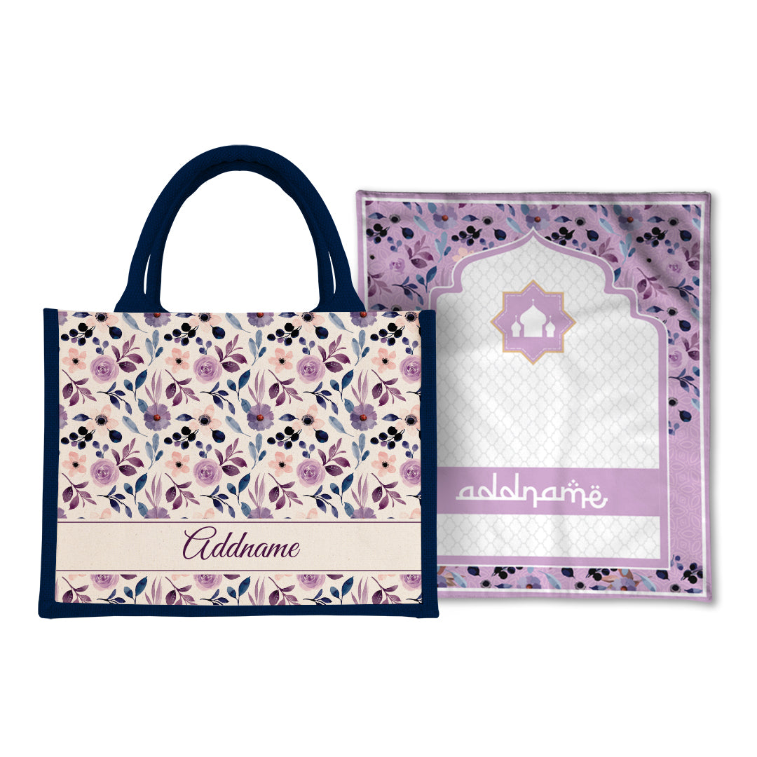 Violet  Sejadah Prayer Mat with Half Lining Small Jute Bag Bundle