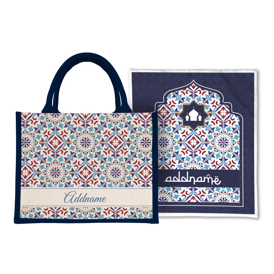 Arabesque Agean Blue  Sejadah Prayer Mat with Half Lining Small Jute Bag Bundle