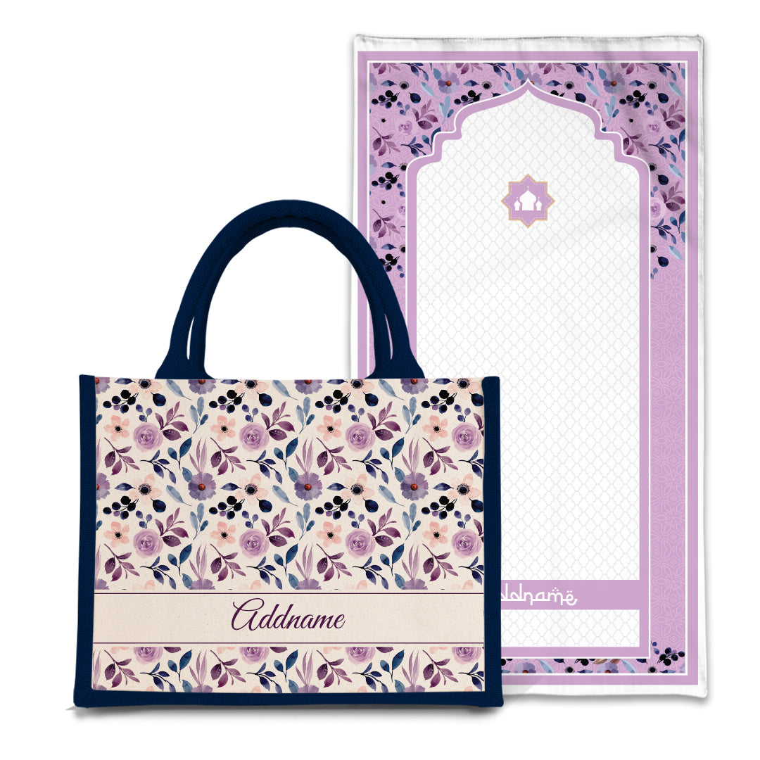 Violet  Sejadah Prayer Mat with Half Lining Small Jute Bag Bundle