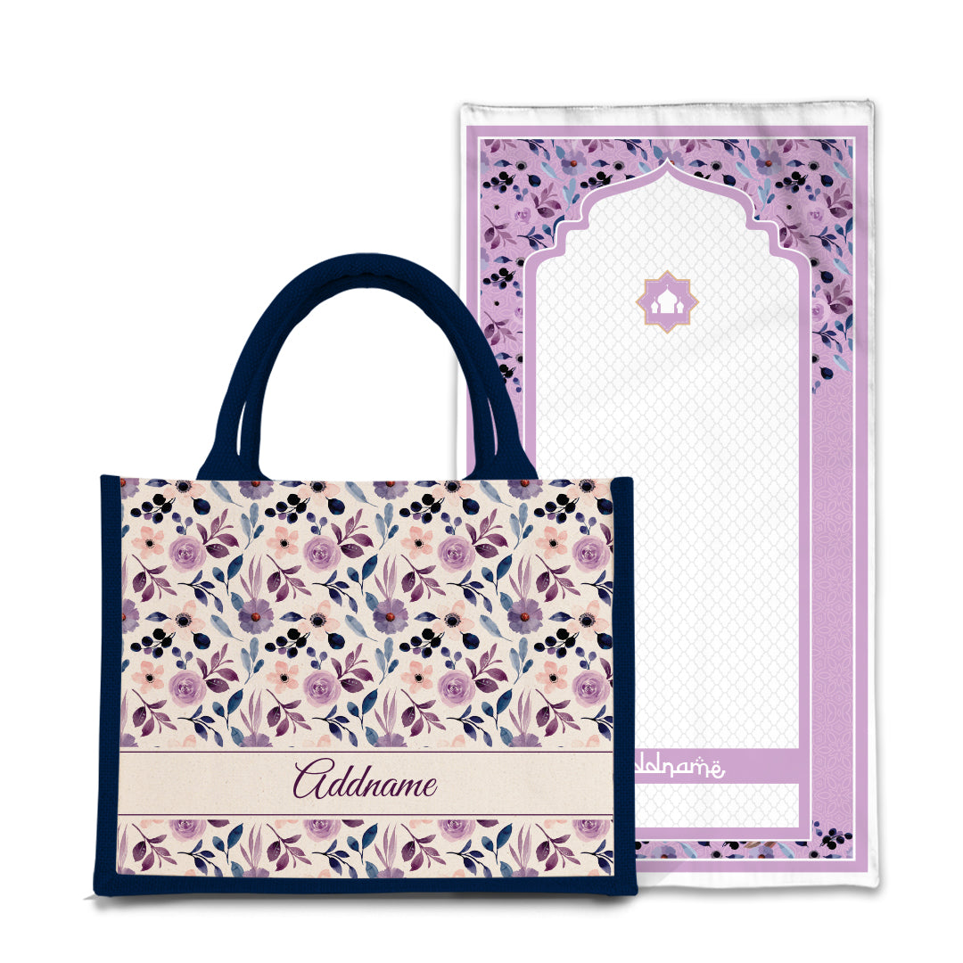 Violet  Sejadah Prayer Mat with Half Lining Small Jute Bag Bundle