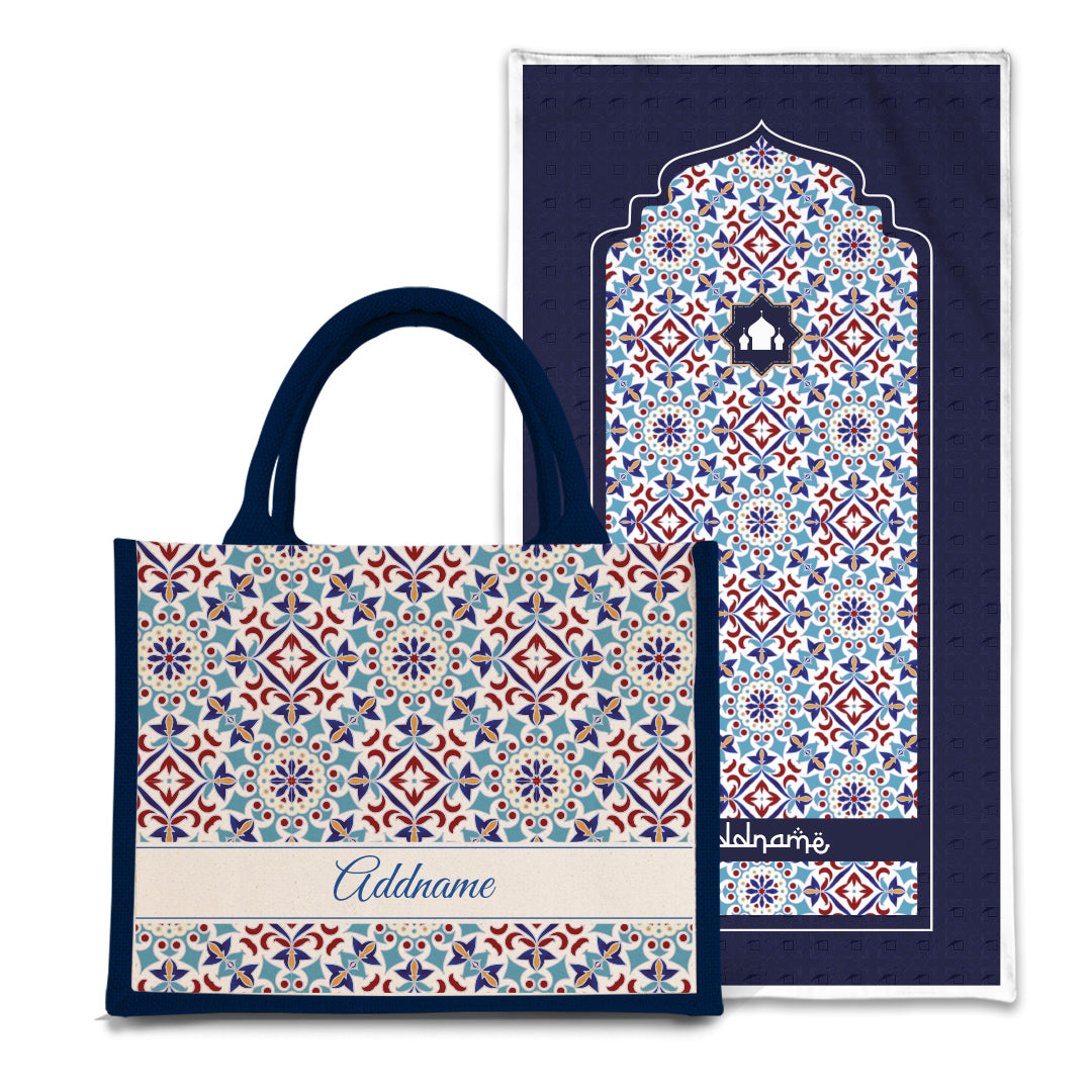 Arabesque Agean Blue  Sejadah Prayer Mat with Half Lining Small Jute Bag Bundle