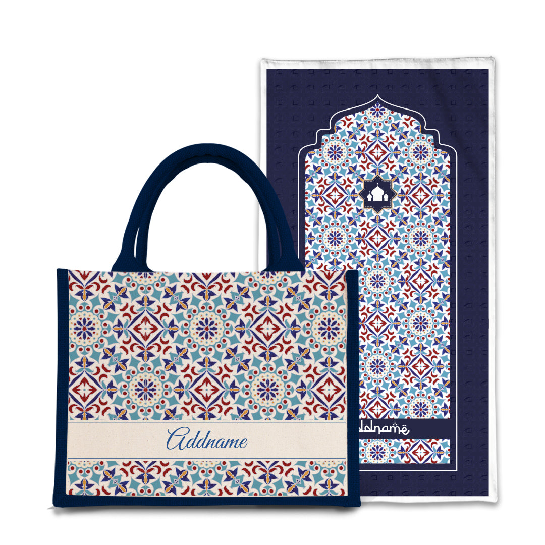 Arabesque Agean Blue  Sejadah Prayer Mat with Half Lining Small Jute Bag Bundle