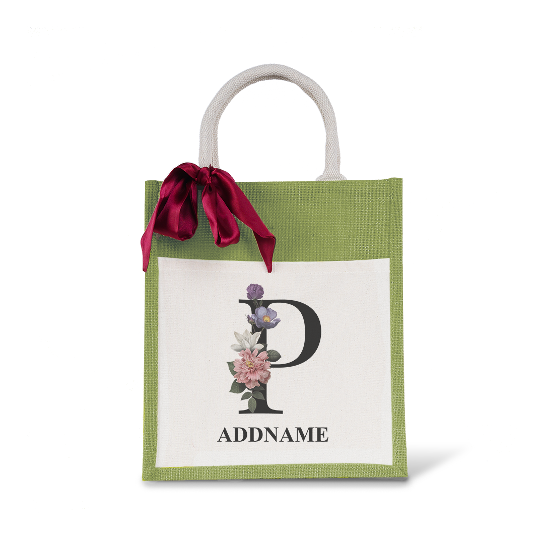 Myra Floral Series Olive Green Colourful Jute Bag With Front Pocket