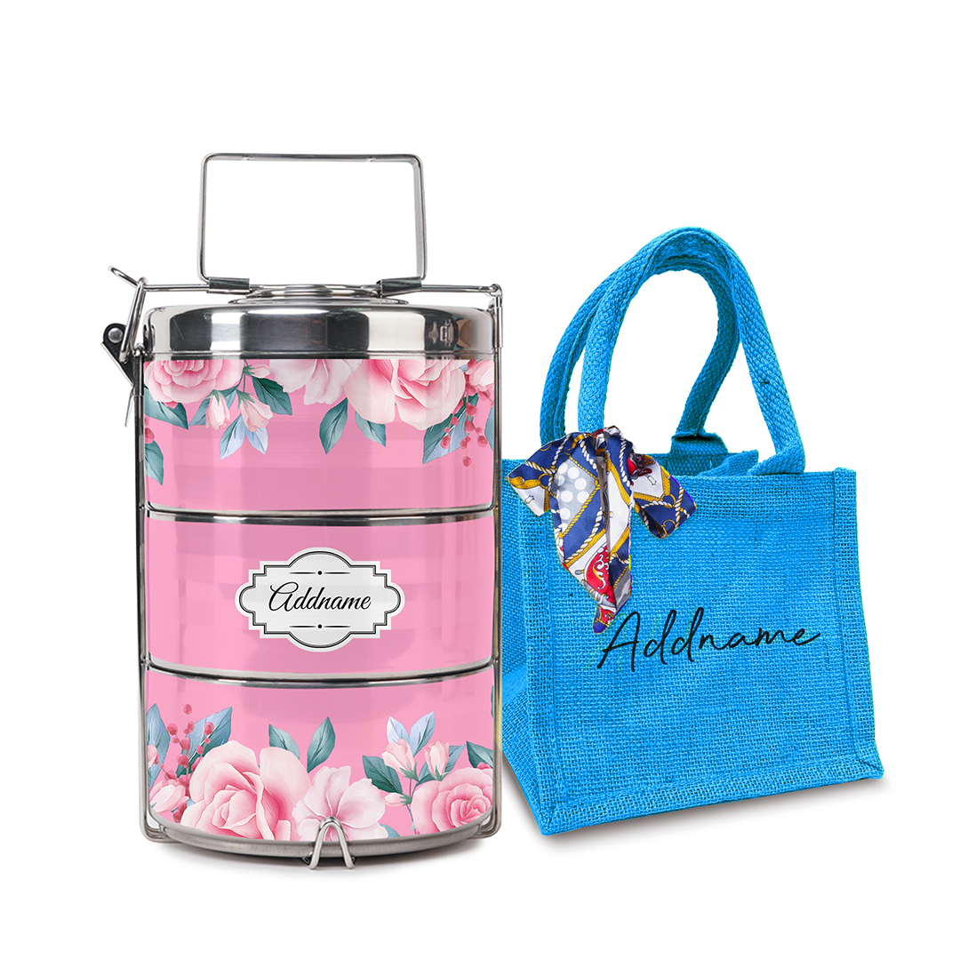 Full Pink Rose Tiffin Carrier