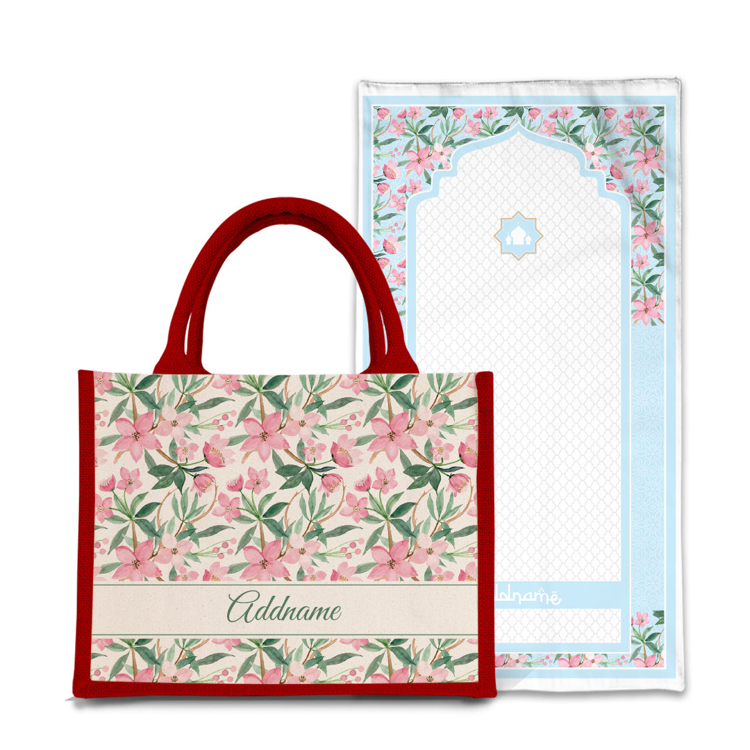 Blossom  Sejadah Prayer Mat with Half Lining Small Jute Bag Bundle