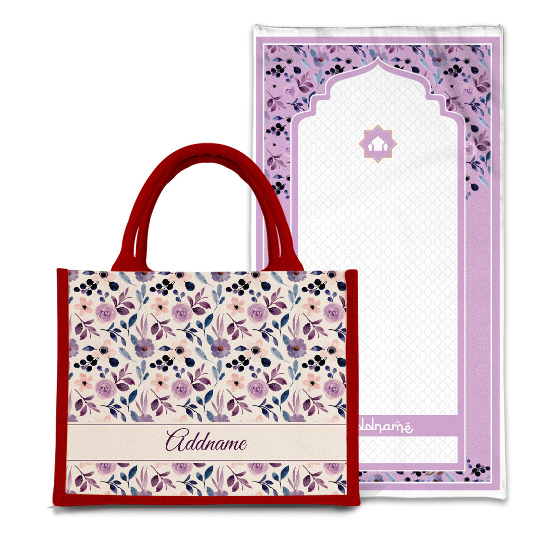 Violet  Sejadah Prayer Mat with Half Lining Small Jute Bag Bundle