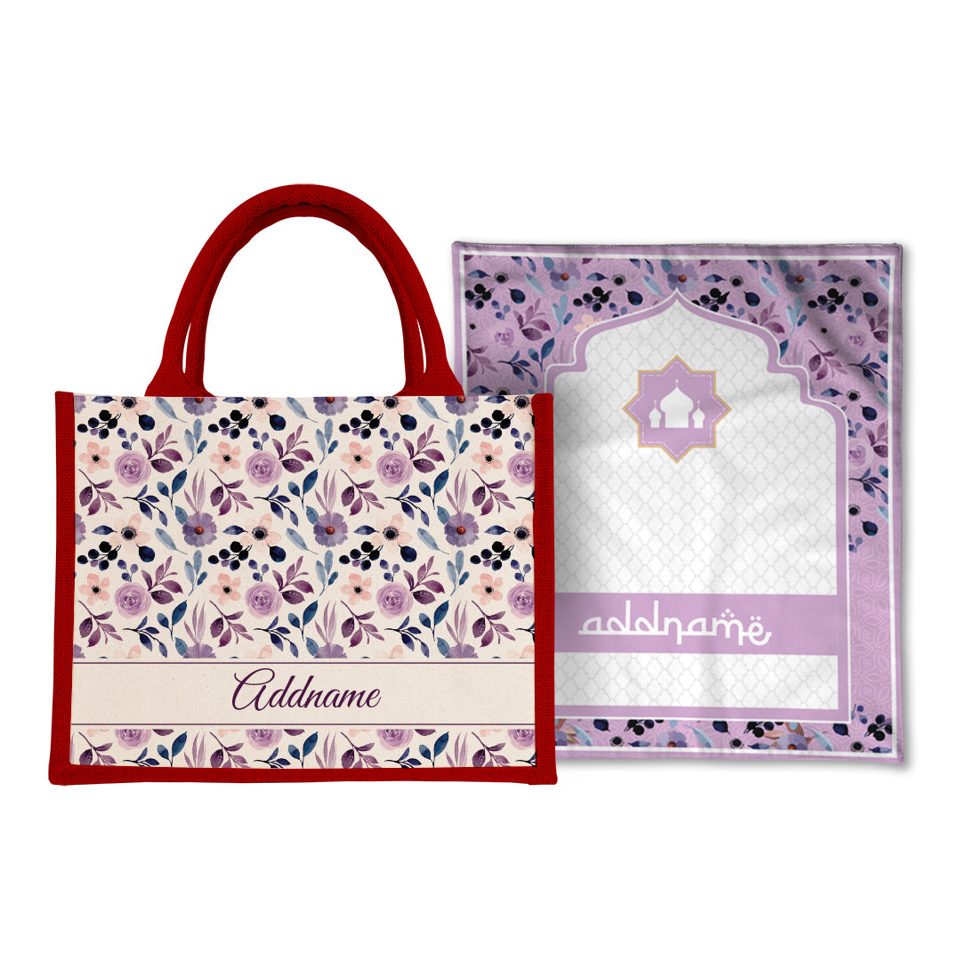 Violet  Sejadah Prayer Mat with Half Lining Small Jute Bag Bundle