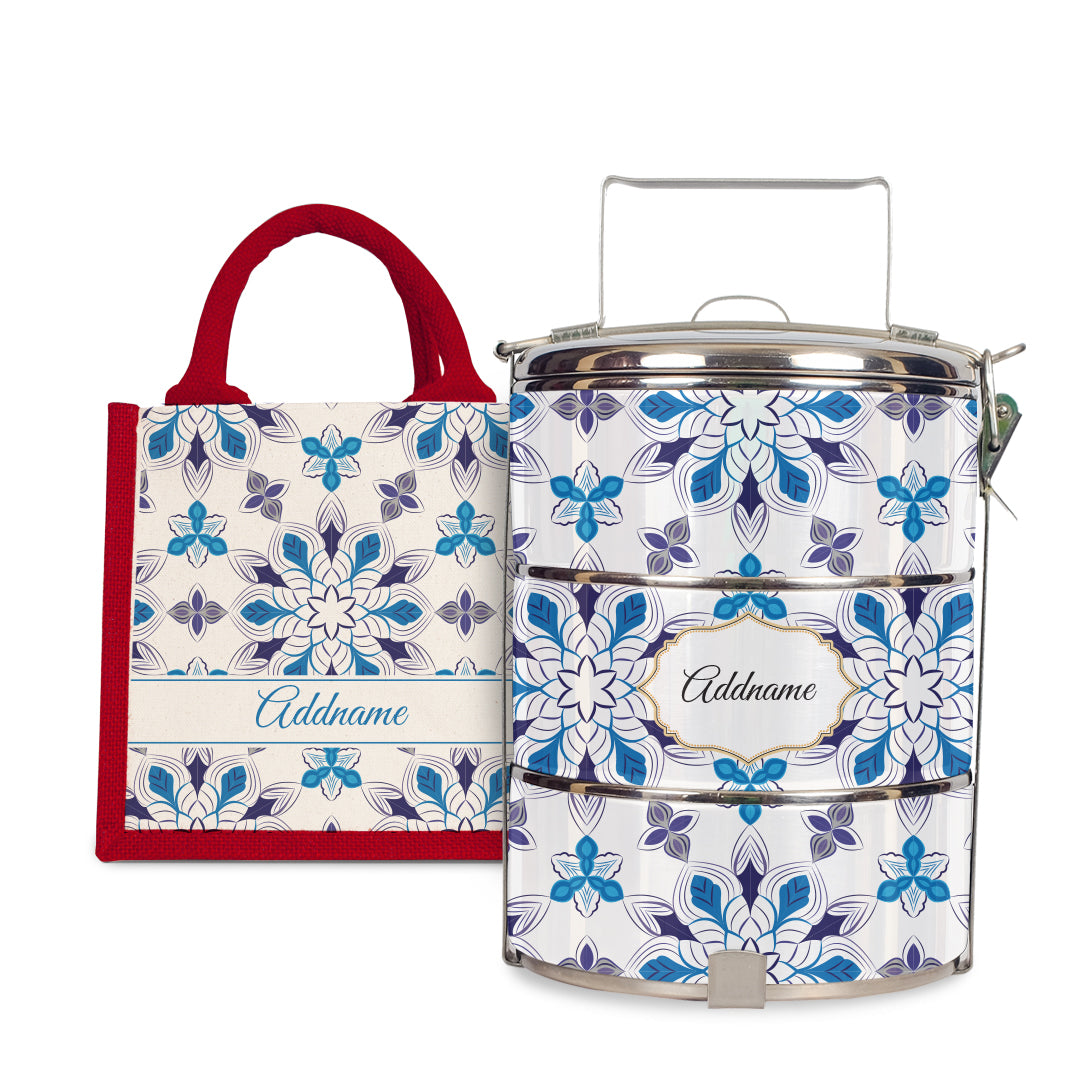 Moroccan Series - Arabesque Frost - Lunch Tote Bag with Three-Tier Tiffin Carrier