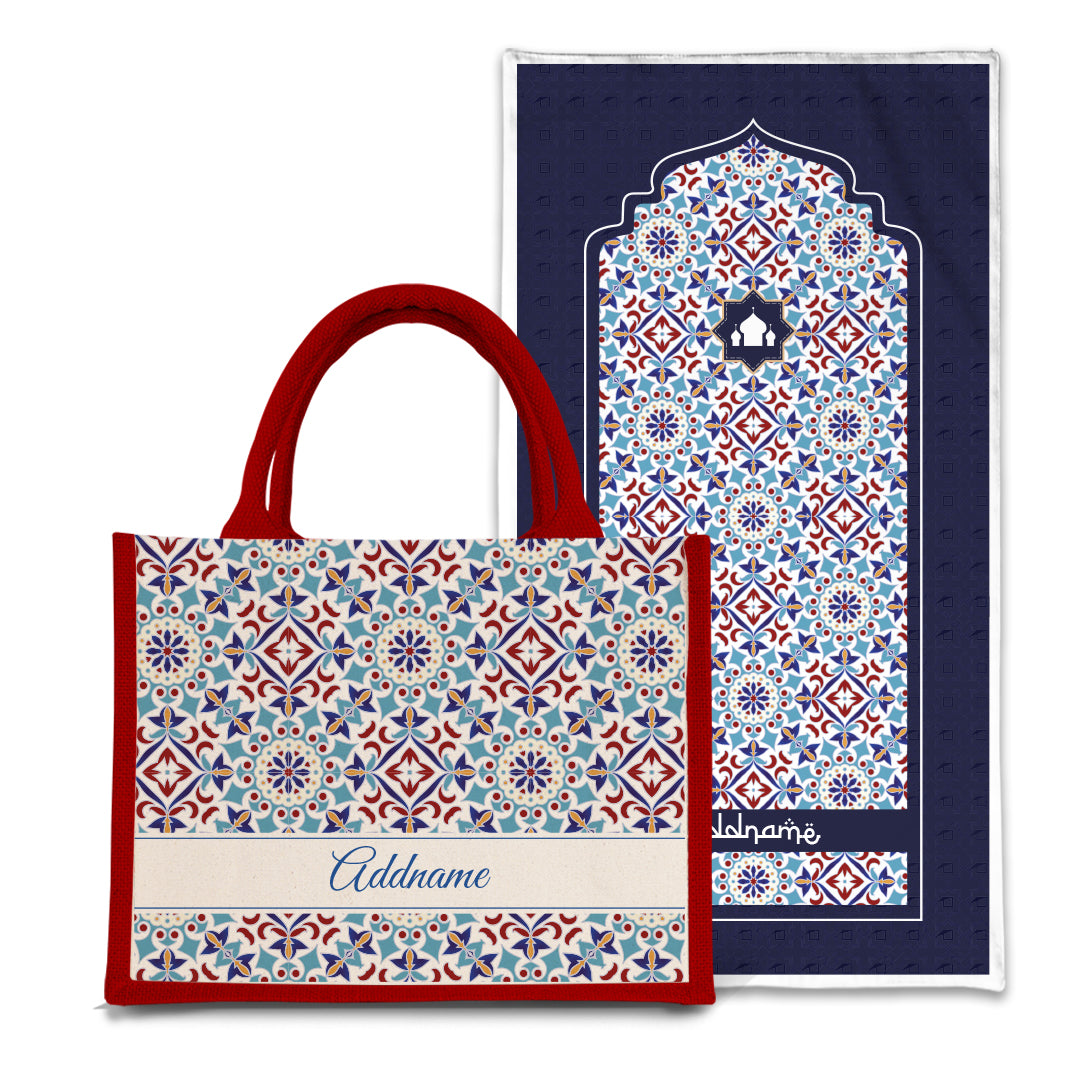 Arabesque Agean Blue  Sejadah Prayer Mat with Half Lining Small Jute Bag Bundle