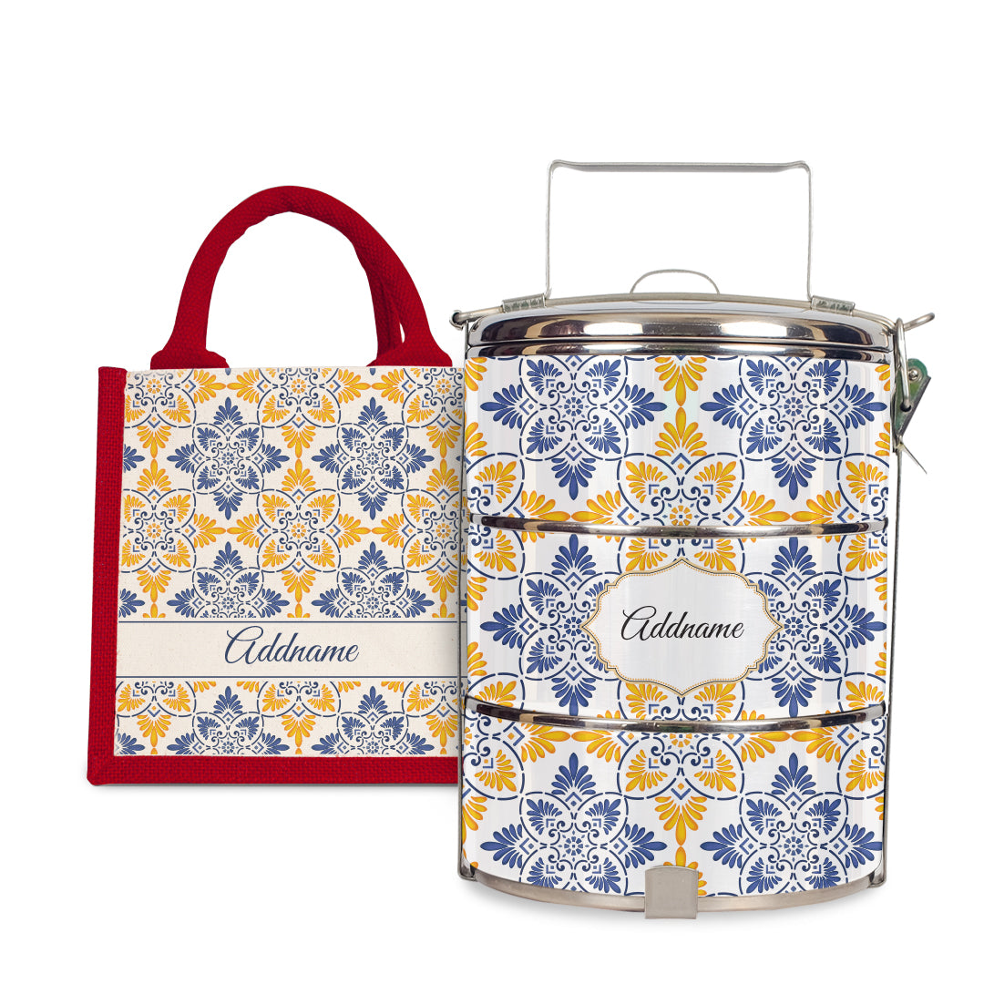 Moroccan Series - Arabesque Butter Blue  - Lunch Tote Bag with Three-Tier Tiffin Carrier