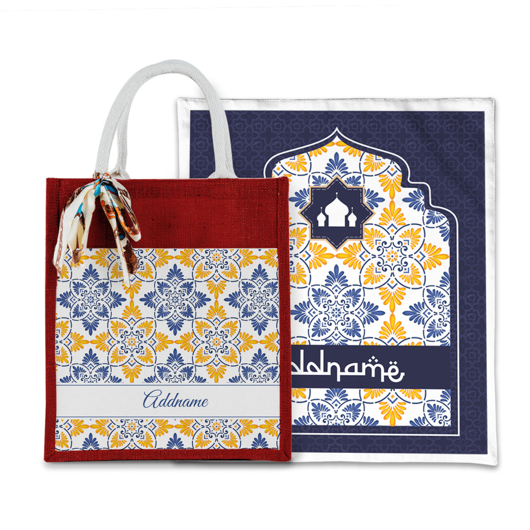 Arabesque Butter Blue Sejadah with Matching Colourful Jute Bag
