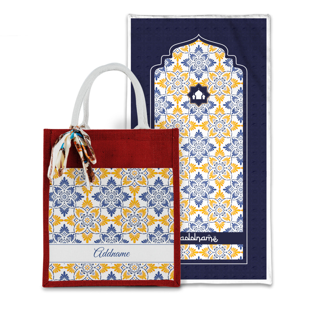 Arabesque Butter Blue Sejadah with Matching Colourful Jute Bag