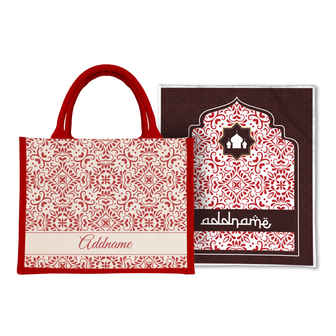 Arabesque Rosette  Sejadah Prayer Mat with Half Lining Small Jute Bag Bundle