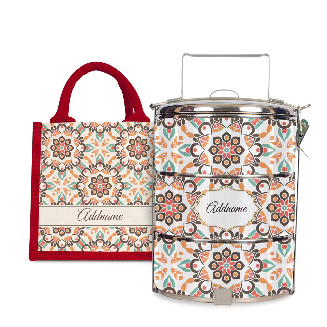 Moroccan Series - Arabesque Geo Brown - Lunch Tote Bag with Three-Tier Tiffin Carrier