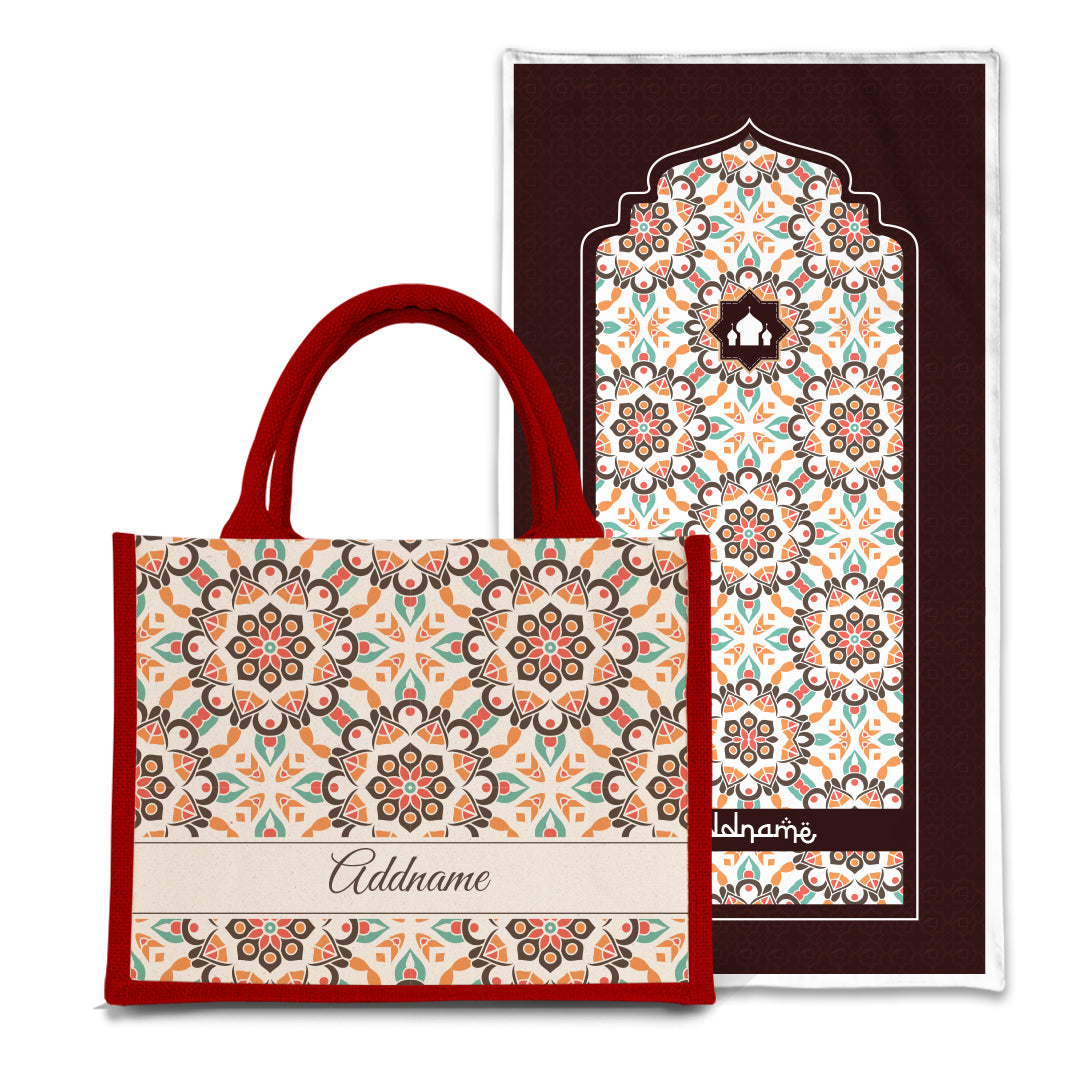 Arabesque Geo Brown  Sejadah Prayer Mat with Half Lining Small Jute Bag Bundle