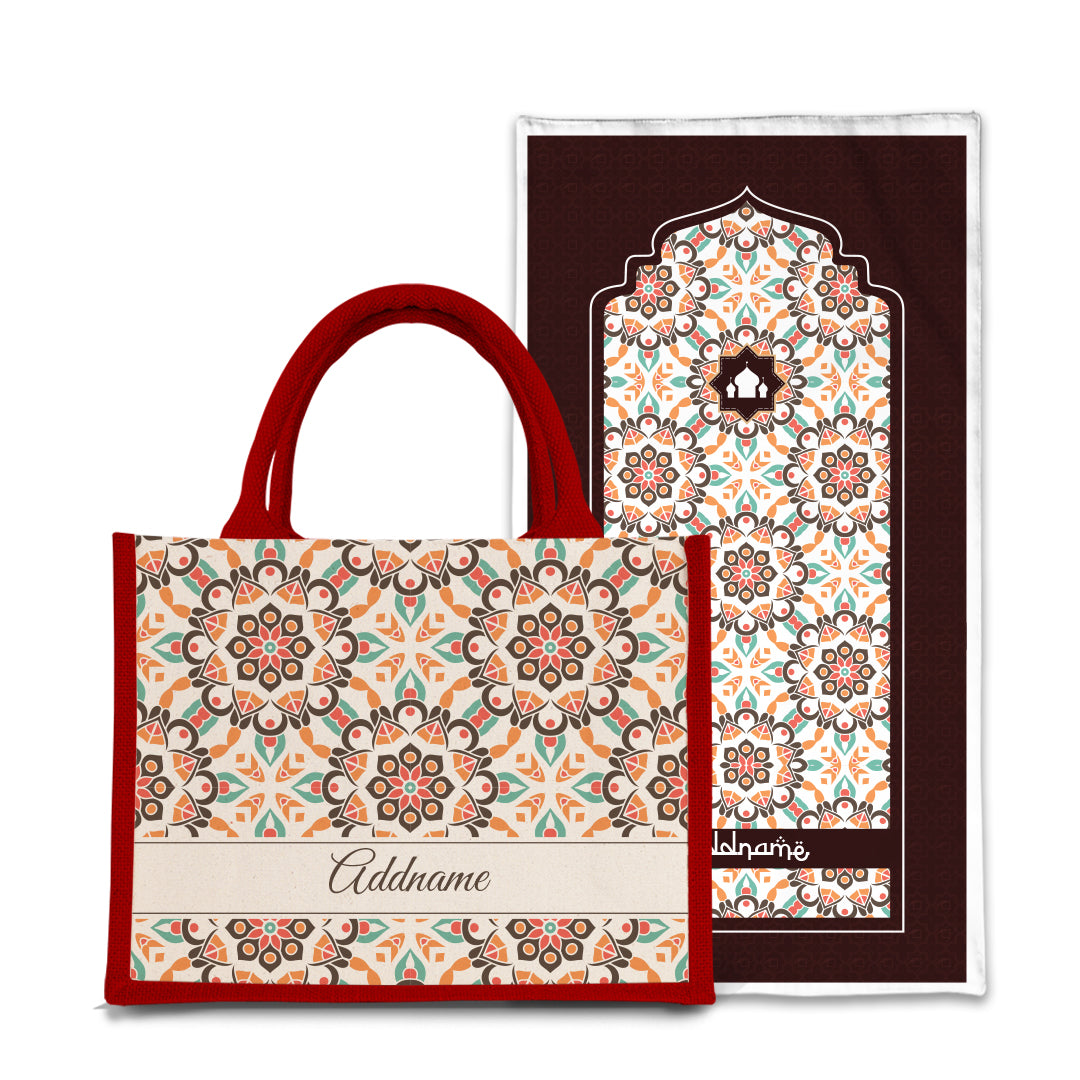 Arabesque Geo Brown  Sejadah Prayer Mat with Half Lining Small Jute Bag Bundle