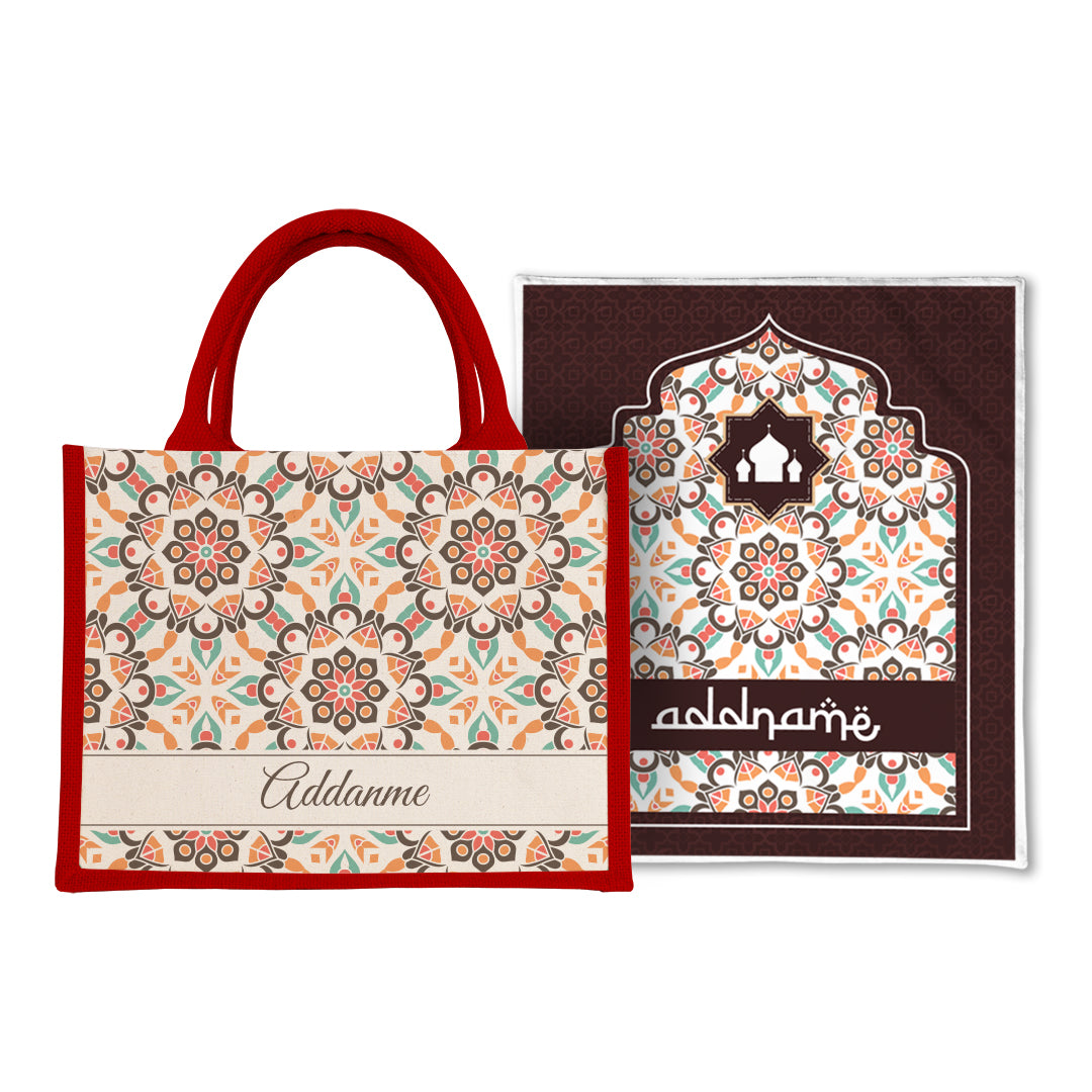 Arabesque Geo Brown  Sejadah Prayer Mat with Half Lining Small Jute Bag Bundle