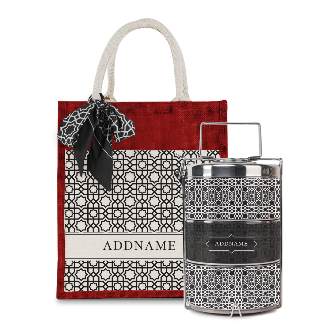 Annas Series - Black Colorful Jute Bag with Front Pocket with Tiffin Carrier Set